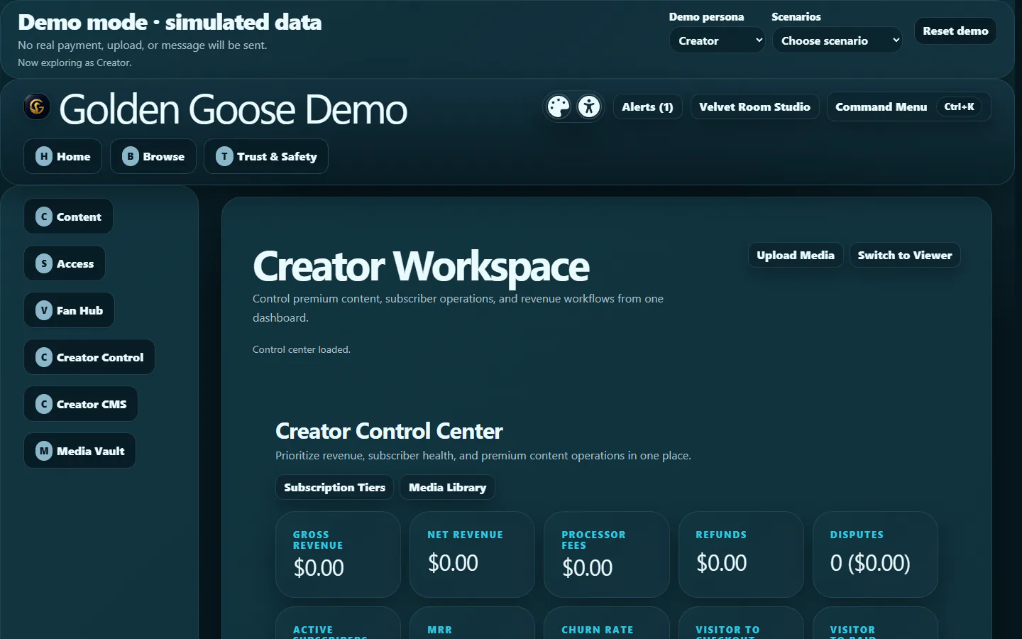 Content Creator Platform creator control workspace in a local simulated-data demo
