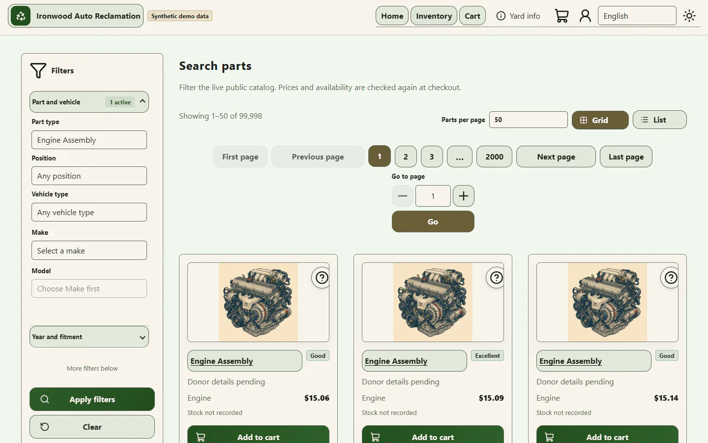Salvage Yard System filtered engine inventory in its local synthetic scale demo